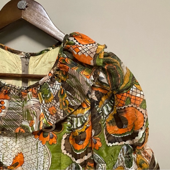 Vintage 70s Orange & Brown Floral Ruffle Neck Maxi Dress Approx Women XS - Picture 16 of 16